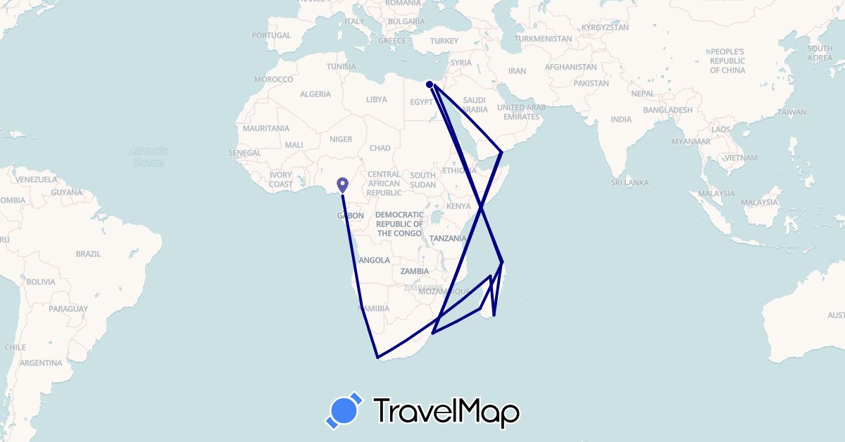 TravelMap itinerary: driving in Cameroon, Egypt, Madagascar, Namibia, Yemen, South Africa (Africa, Asia)